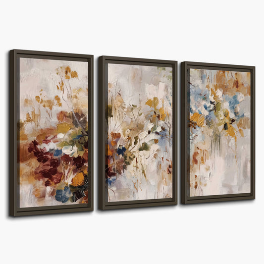Loose cream, ochre and rust floral shapes with expressive painted-style marks 3 piece framed canvas wall art on a white background