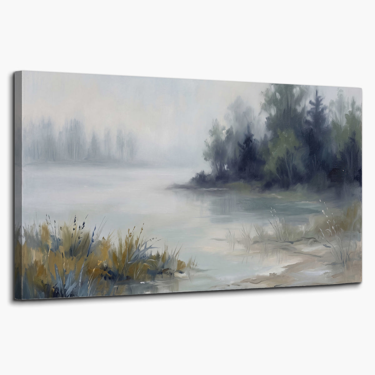 A calm pale lake bordered by dark evergreen trees and distant mist single canvas wall art on a white background