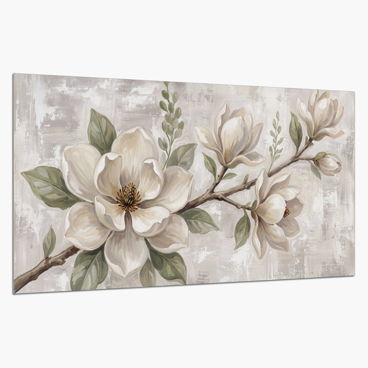 Large ivory magnolia blossoms and soft green leaves on pale gray single poster print on a white background
