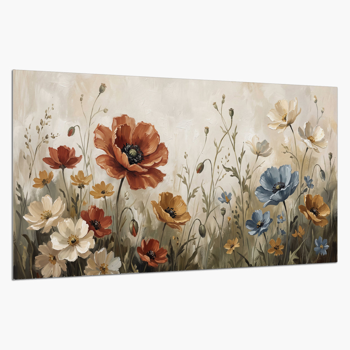 Rust red, pale blue and ivory flowers with delicate meadow stems single poster print on a white background