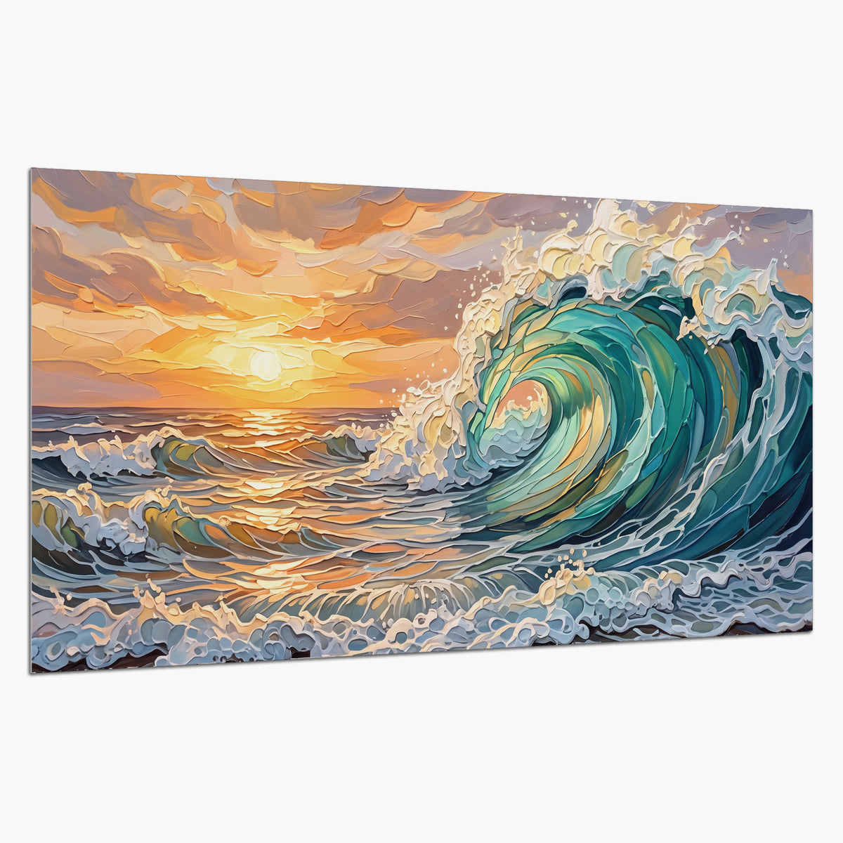 A curling turquoise ocean wave beneath a warm orange sunset single poster print on a white background