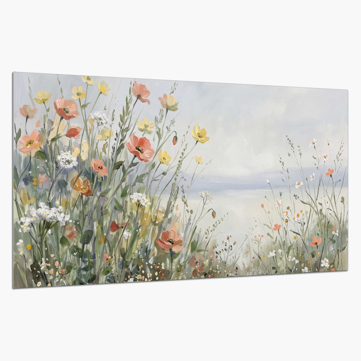 Small colorful wildflowers and light grasses beside a pale lake single poster print on a white background