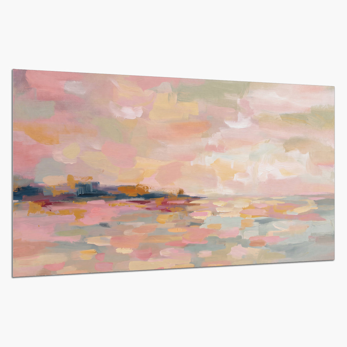 Pink, peach and yellow painted-style sky and water reflections single poster print on a white background