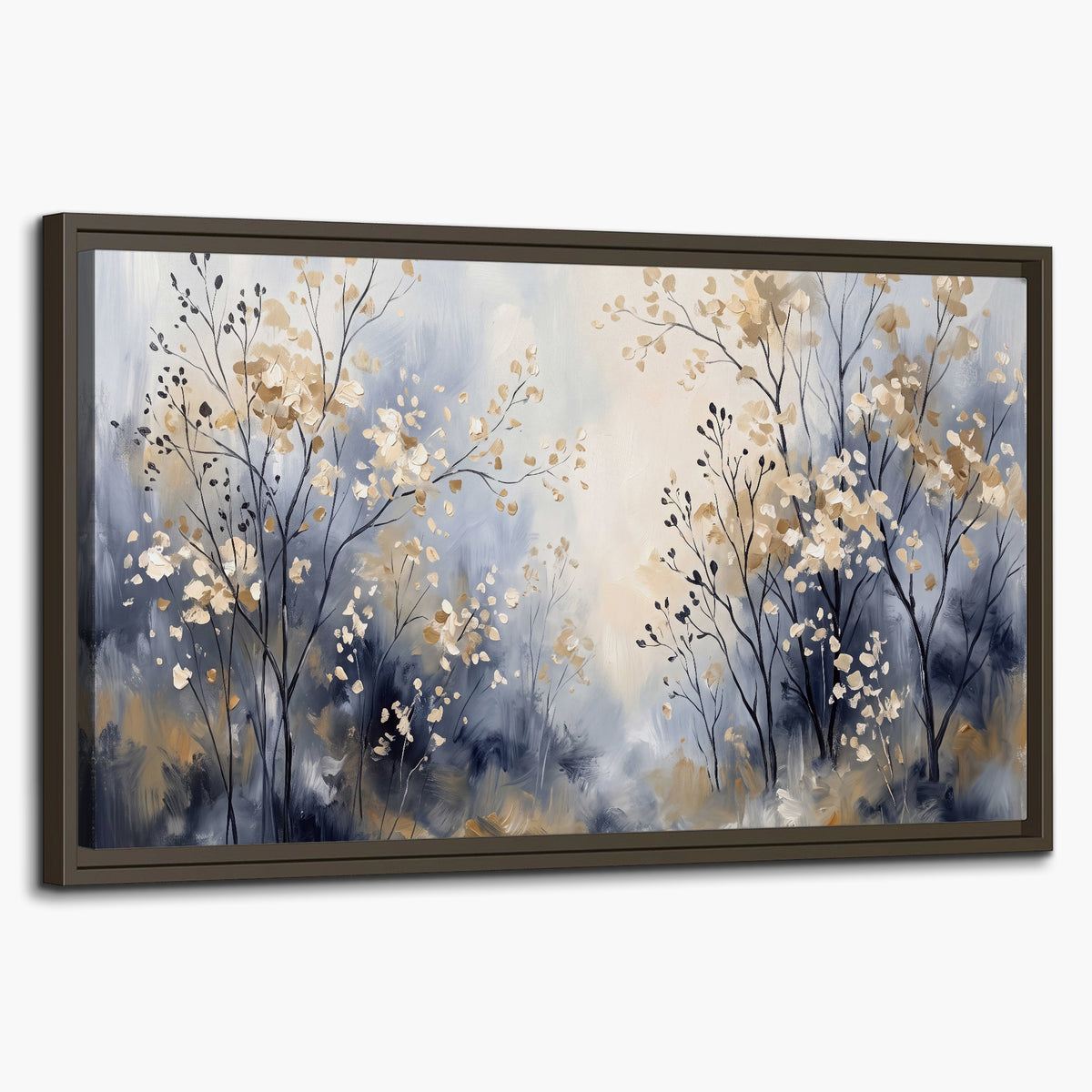Delicate pale gold-colored branches against a deep blue misty background single framed canvas wall art on a white background