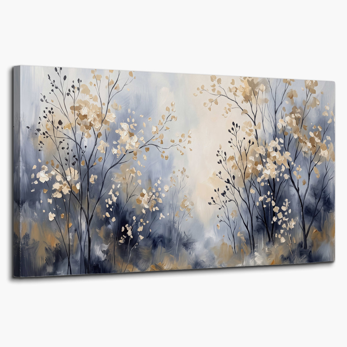 Delicate pale gold-colored branches against a deep blue misty background single canvas wall art on a white background
