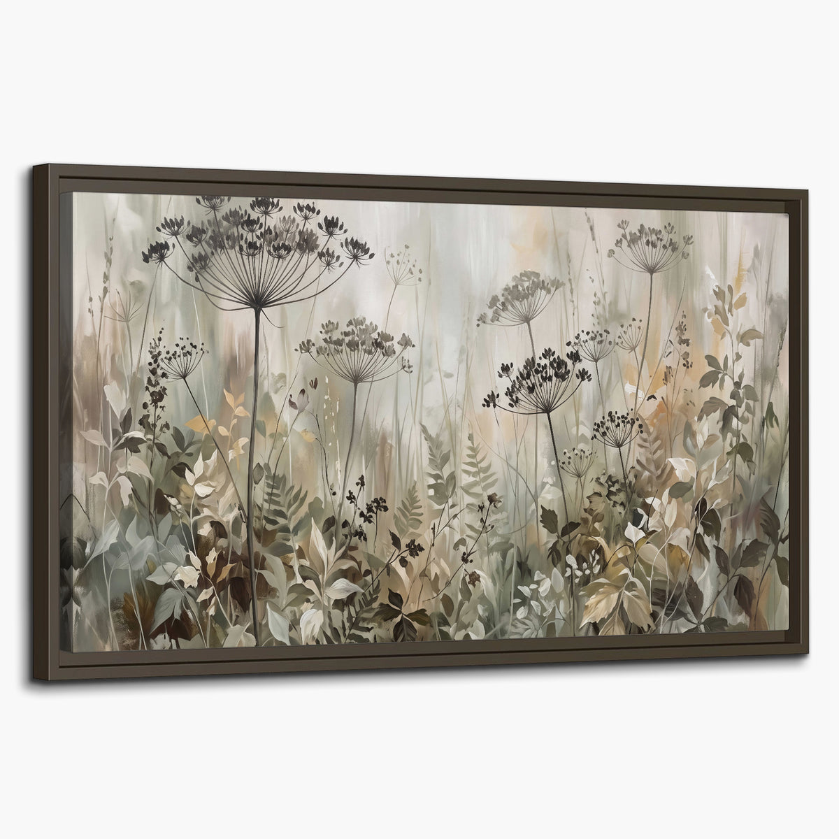 Fine wildflower seed heads and muted foliage in gray-green and cream single framed canvas wall art on a white background