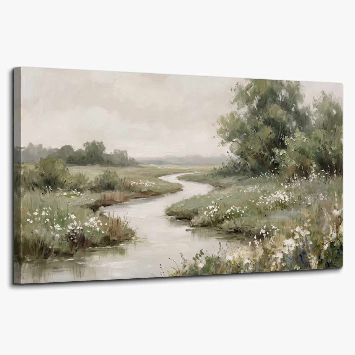 A narrow winding stream through quiet green meadows and trees single canvas wall art on a white background