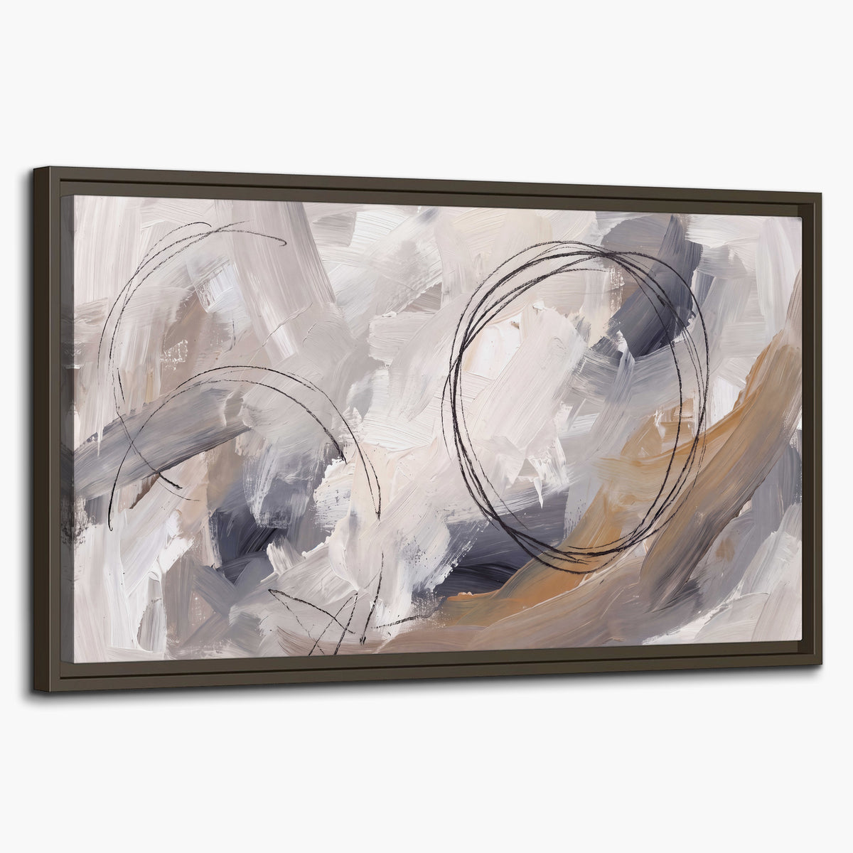 Expressive gray and cream abstract forms with fine gold-colored circular lines single framed canvas wall art on a white background