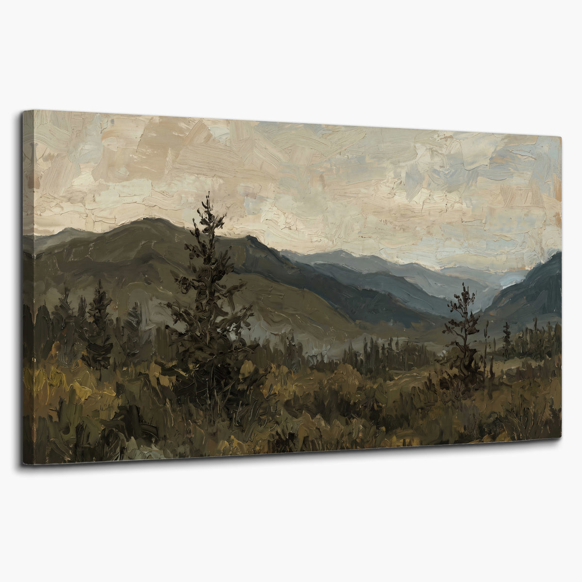 Layered mountain ridges and dark evergreen trees beneath a muted cloudy sky single canvas wall art on a white background