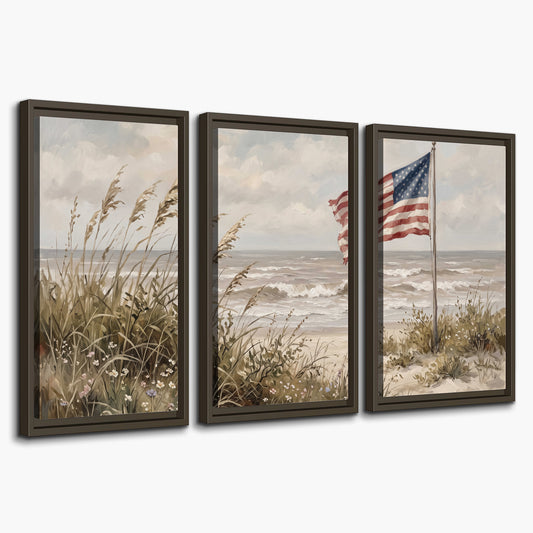 An American flag above coastal grasses beside a quiet sandy beach 3 piece framed canvas wall art on a white background