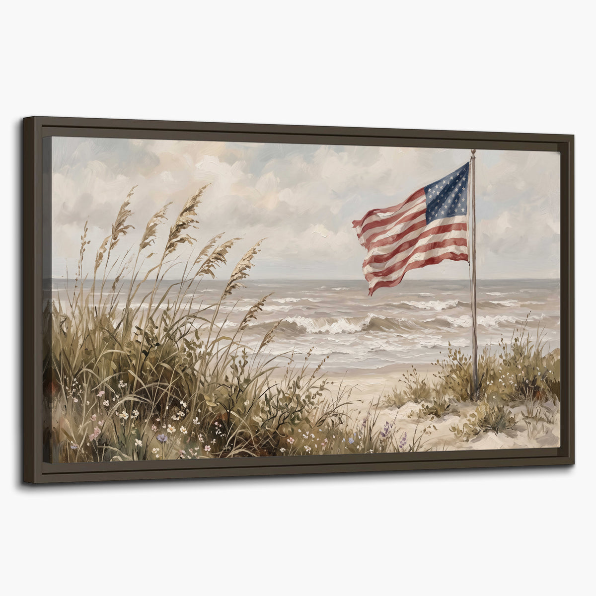 An American flag above coastal grasses beside a quiet sandy beach single framed canvas wall art on a white background