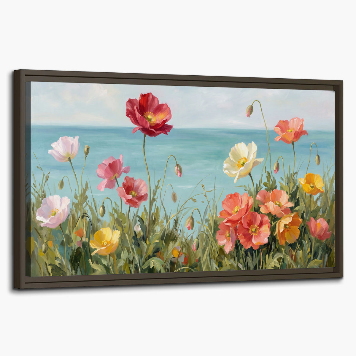 Colorful red, peach and yellow flowers beside a turquoise sea single framed canvas wall art on a white background