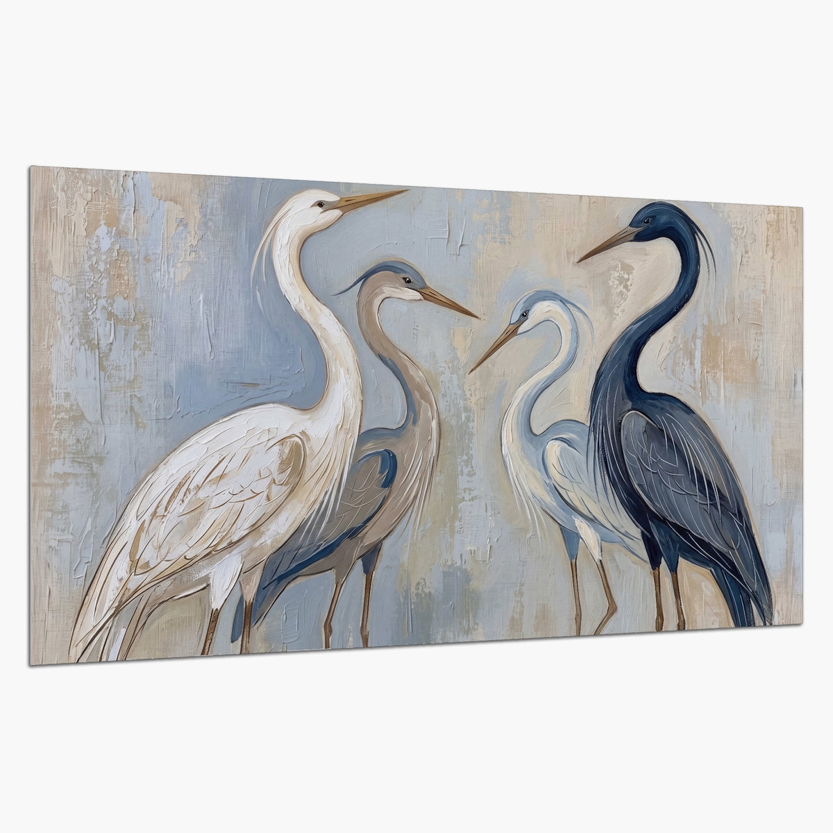Three long-necked herons in soft ivory and dark blue against pale blue-gray single poster print on a white background