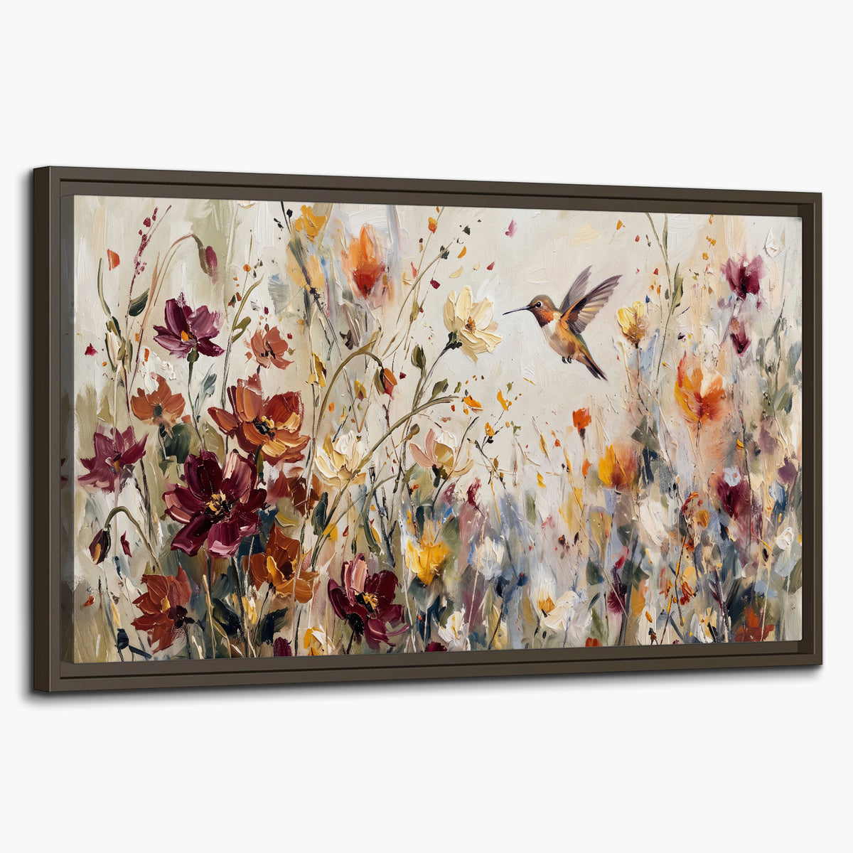 A small hummingbird among delicate pink, rust and ivory flowers single framed canvas wall art on a white background