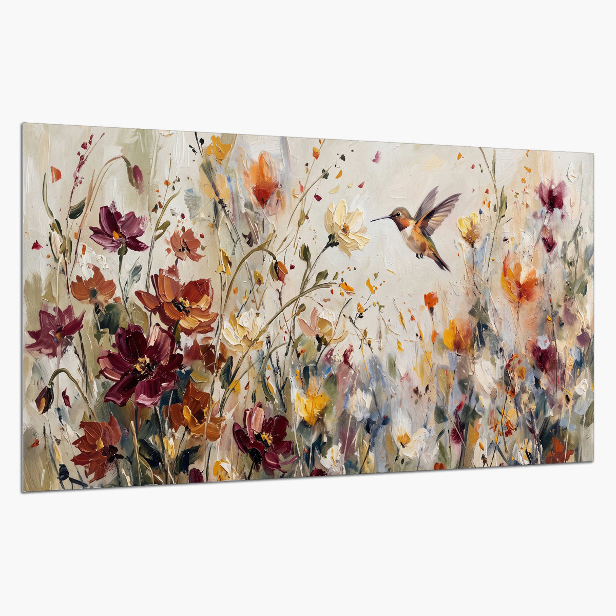A small hummingbird among delicate pink, rust and ivory flowers single poster print on a white background