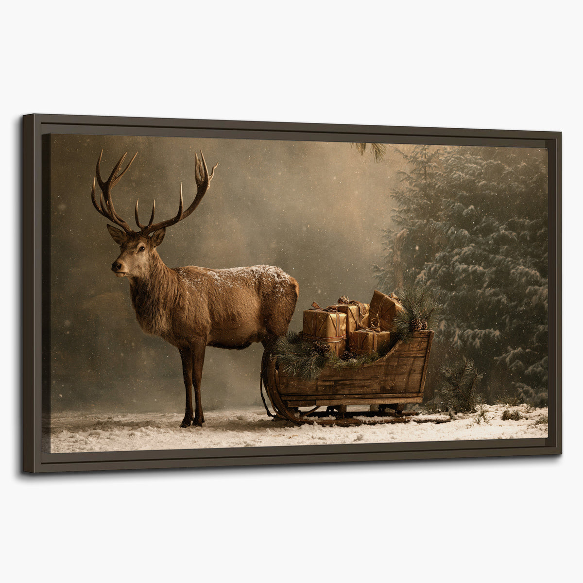 A stag beside a rustic gift-filled sleigh in a misty evergreen woodland single framed canvas wall art on a white background