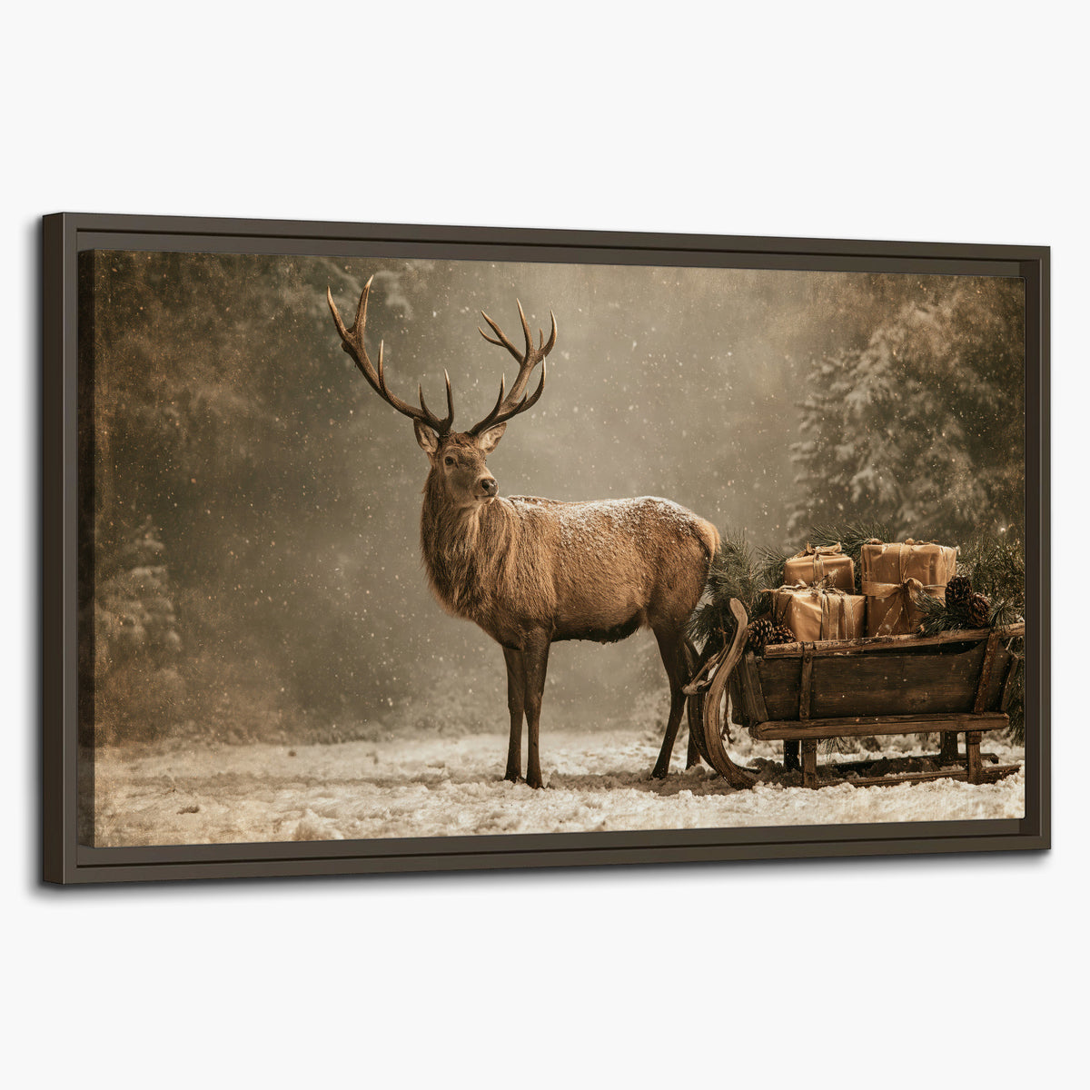 A majestic stag beside a wooden sleigh filled with wrapped gifts in a softly lit woodland single framed canvas wall art on a white background