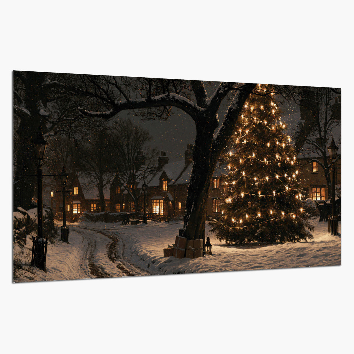 A tall illuminated Christmas tree beneath dark branches beside warmly lit snowy cottages single poster print on a white background