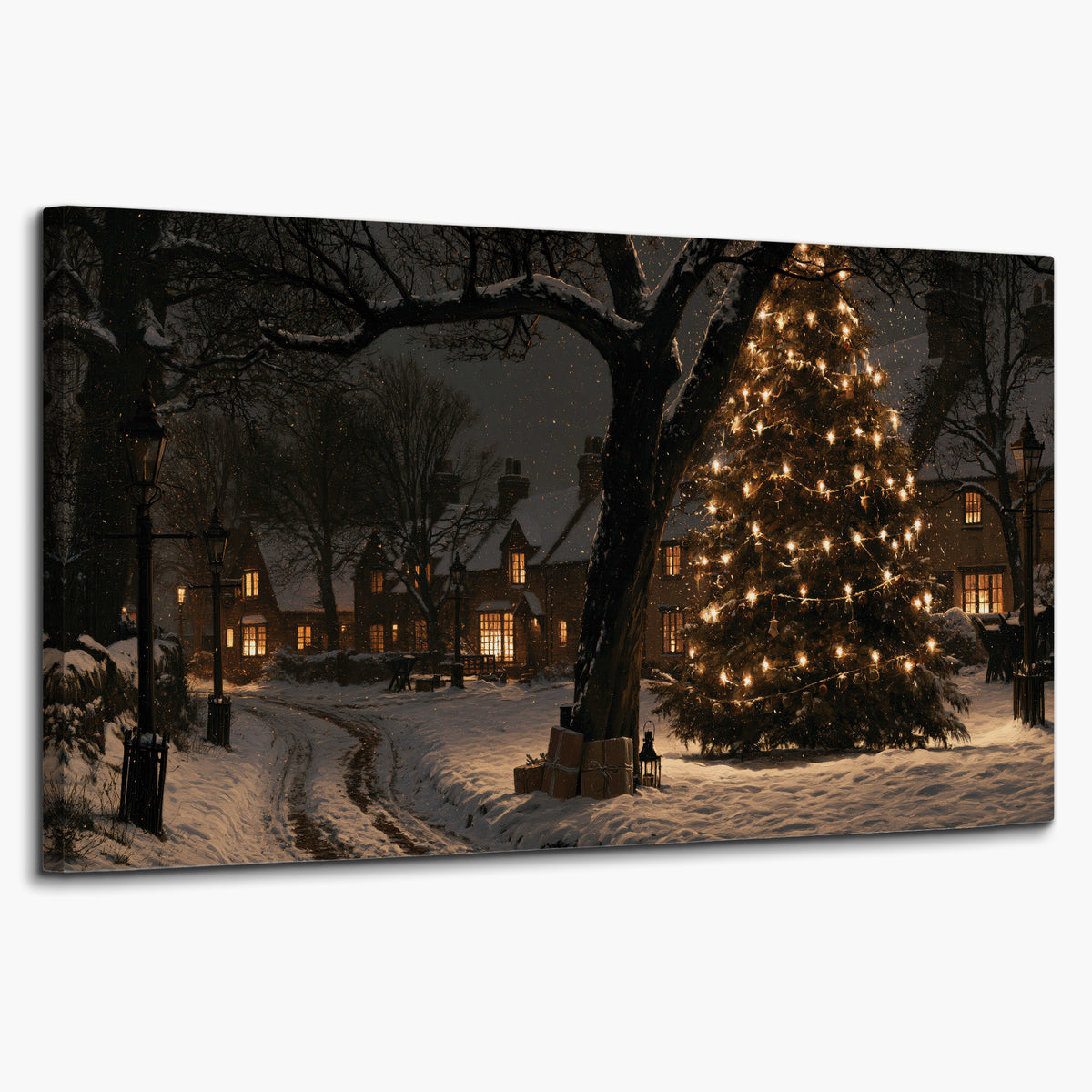 A tall illuminated Christmas tree beneath dark branches beside warmly lit snowy cottages single canvas wall art on a white background