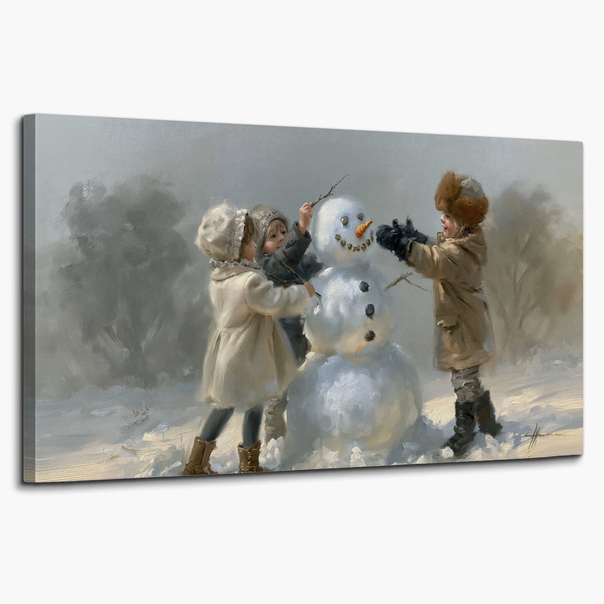 Two children putting the finishing touches on a snowman in a soft snowy landscape single canvas wall art on a white background