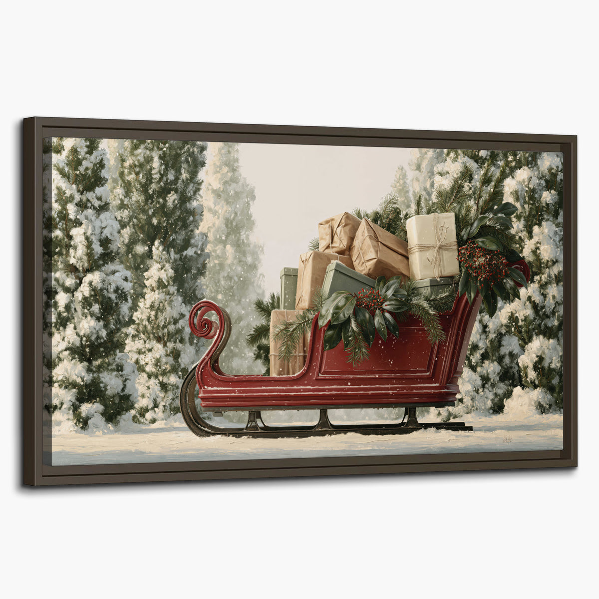 A red sleigh filled with wrapped gifts and evergreen branches among snowy fir trees single framed canvas wall art on a white background