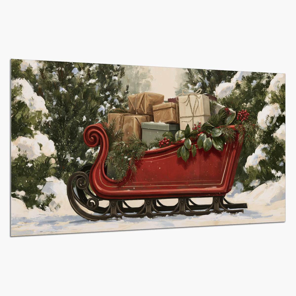 A decorative red holiday sleigh carrying wrapped presents and greenery through a snowy woodland single poster print on a white background
