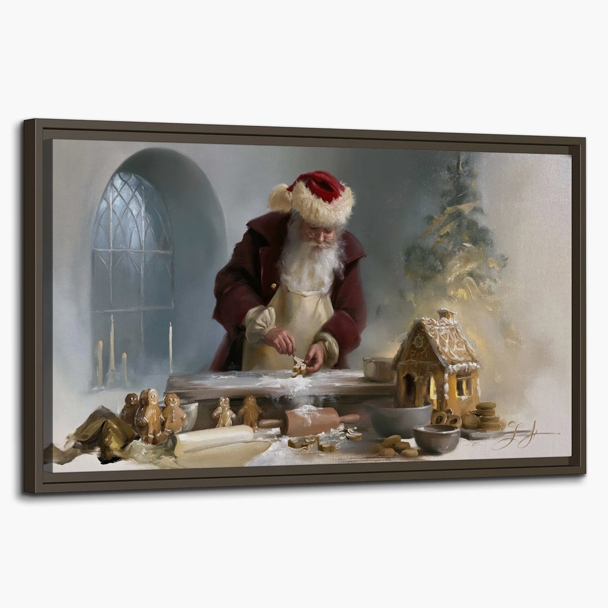 Santa working with dough beside a gingerbread house in a softly lit Christmas kitchen single framed canvas wall art on a white background