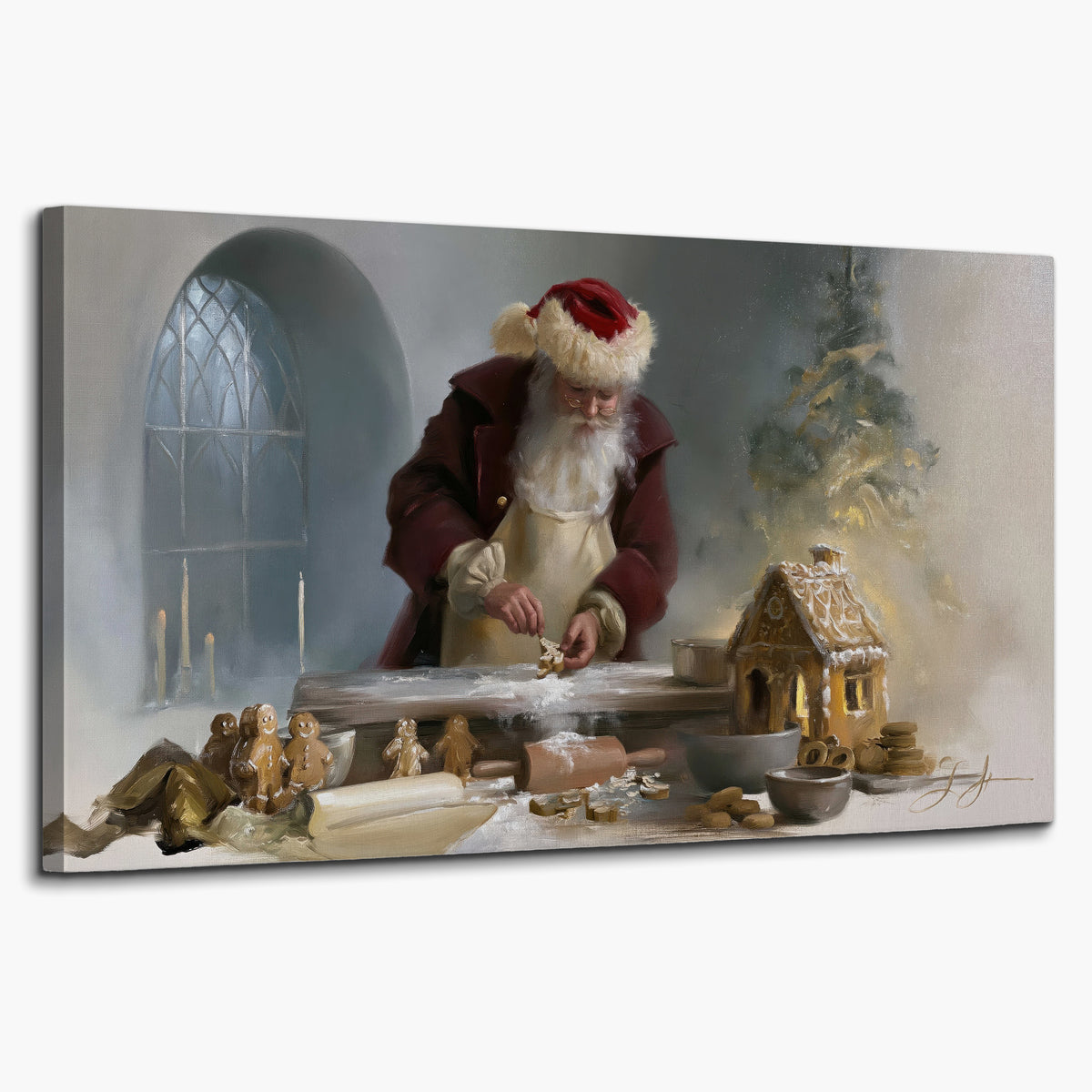 Santa working with dough beside a gingerbread house in a softly lit Christmas kitchen single canvas wall art on a white background