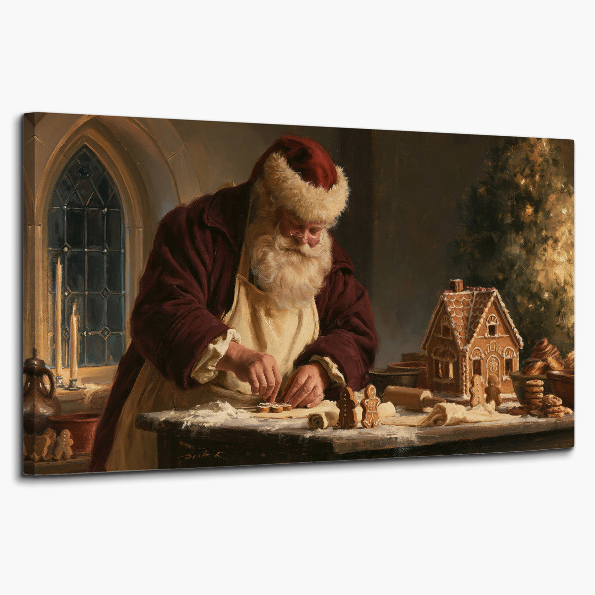 Santa shaping a gingerbread creation at a worktable beside a glowing Christmas tree single canvas wall art on a white background