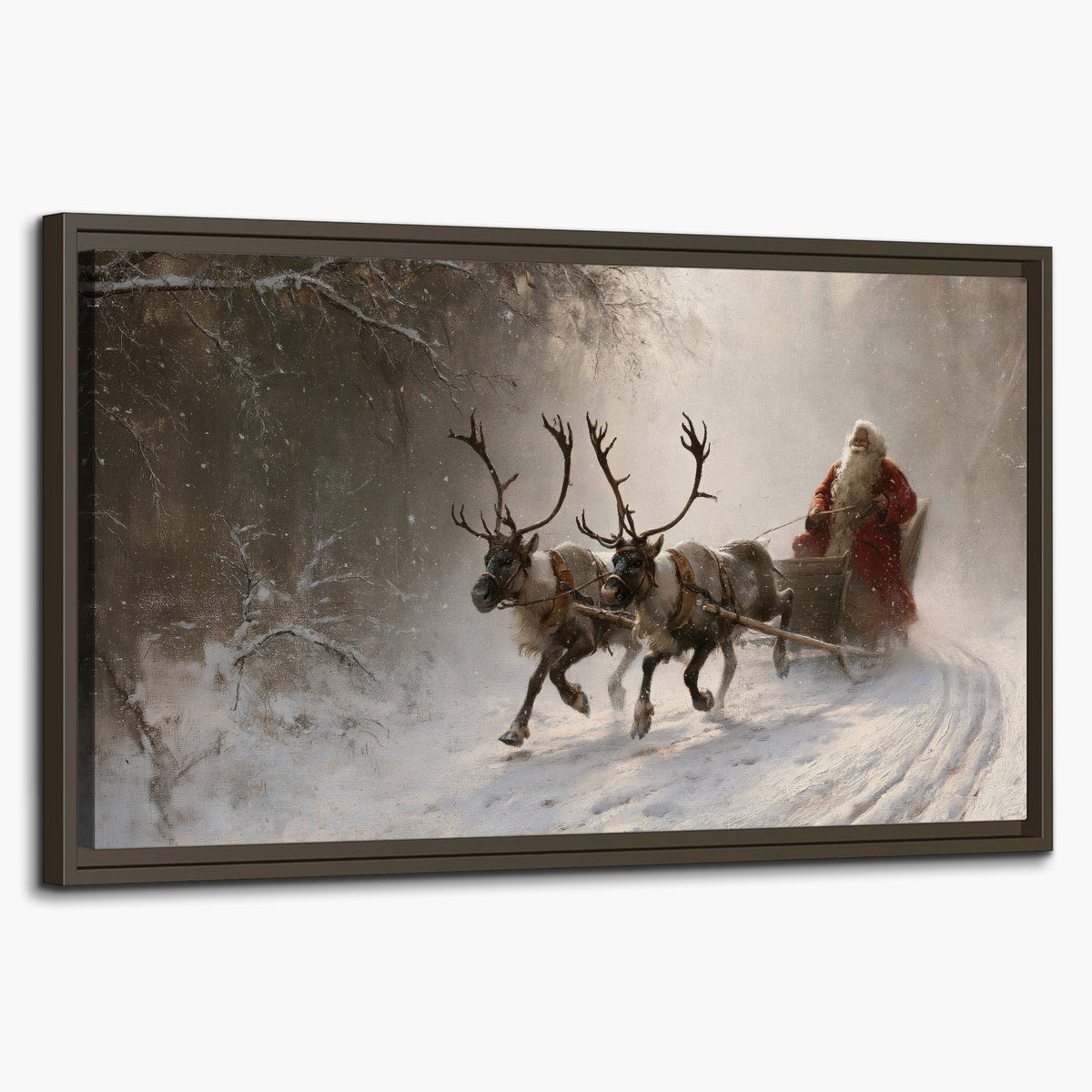 Santa riding a reindeer-drawn sleigh along a winding snowy woodland path single framed canvas wall art on a white background