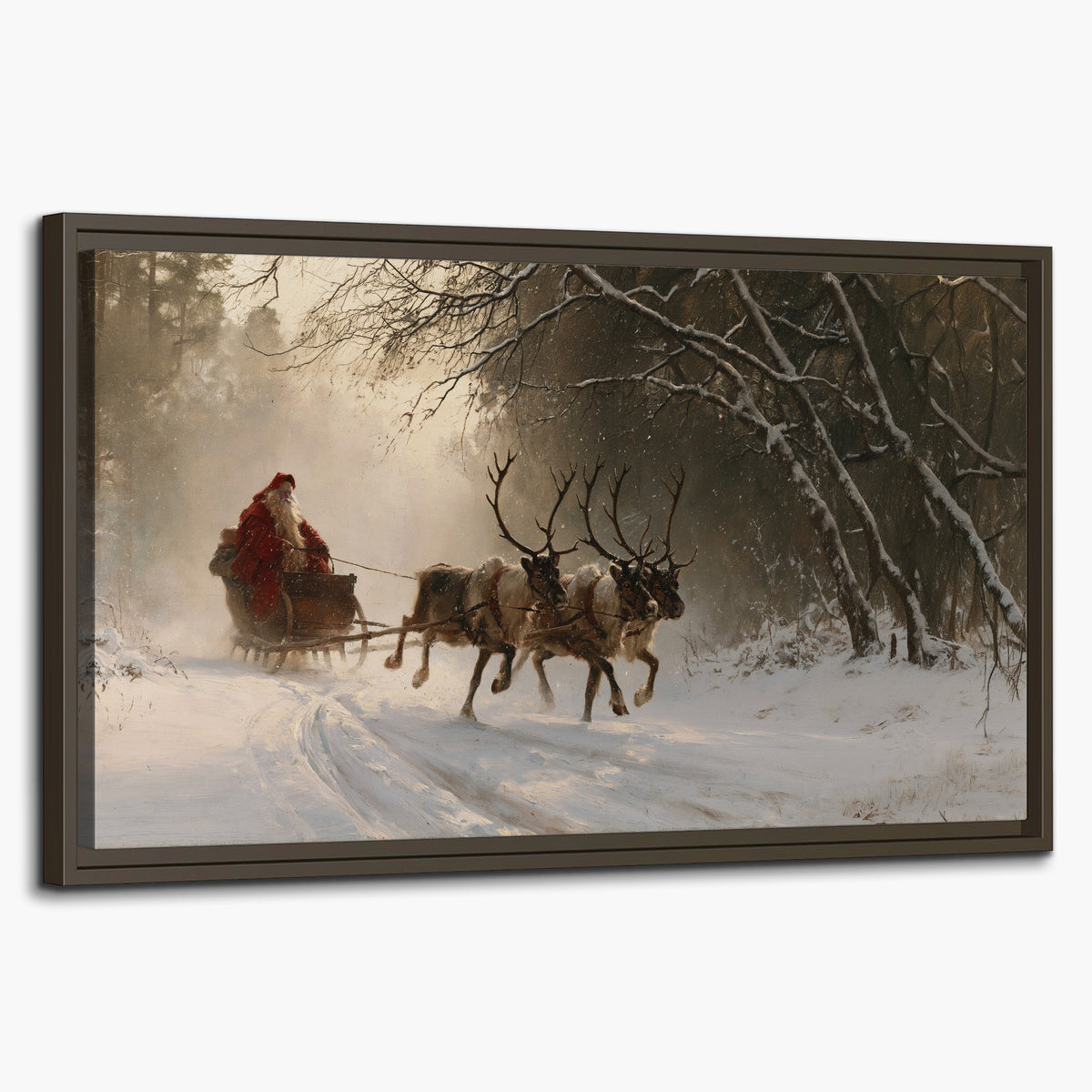 A reindeer team pulling Santa through a quiet snow-covered forest single framed canvas wall art on a white background