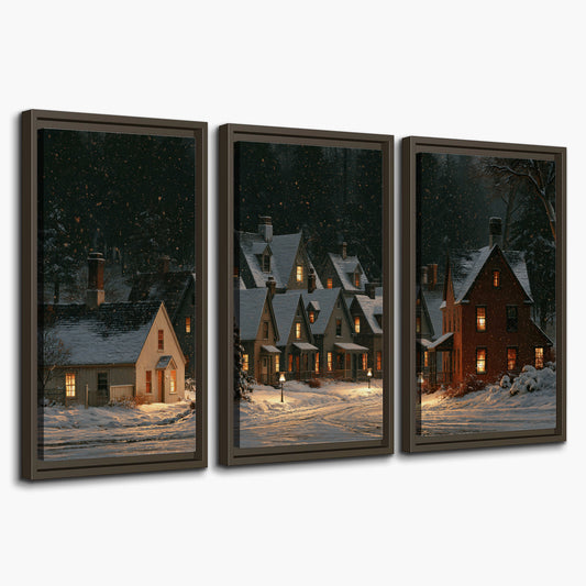 Snow-covered village cottages with glowing windows beneath a dark evergreen forest 3 piece framed canvas wall art on a white background