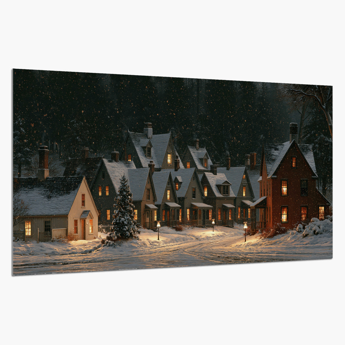 Snow-covered village cottages with glowing windows beneath a dark evergreen forest single poster print on a white background