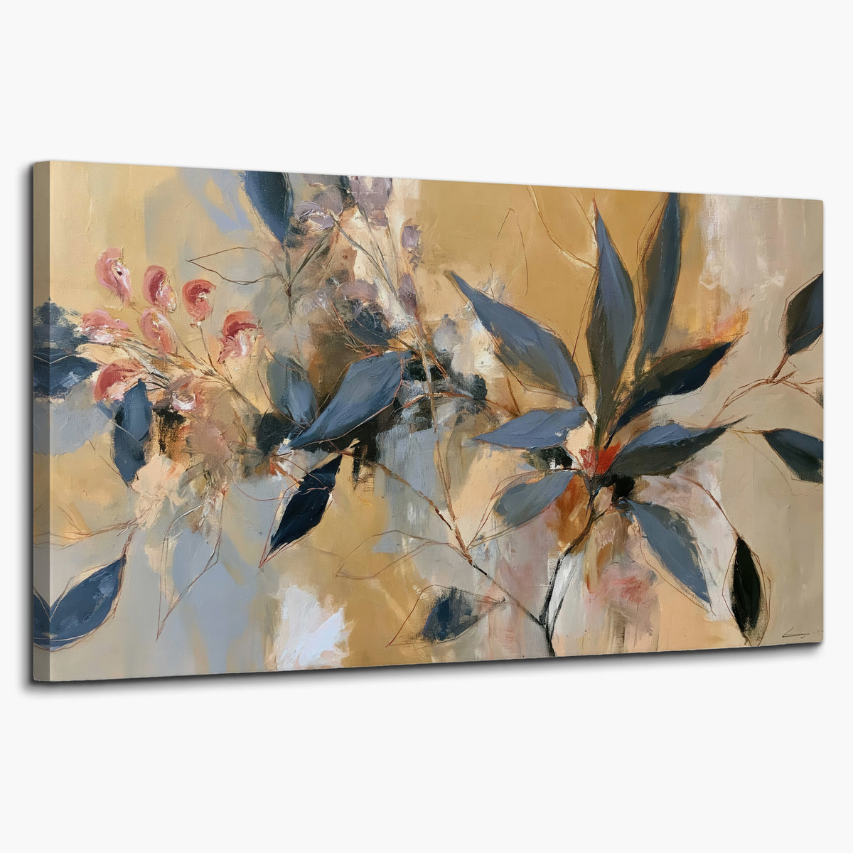 Layered navy leaves and muted pink blossoms against a golden cream background single canvas wall art on a white background
