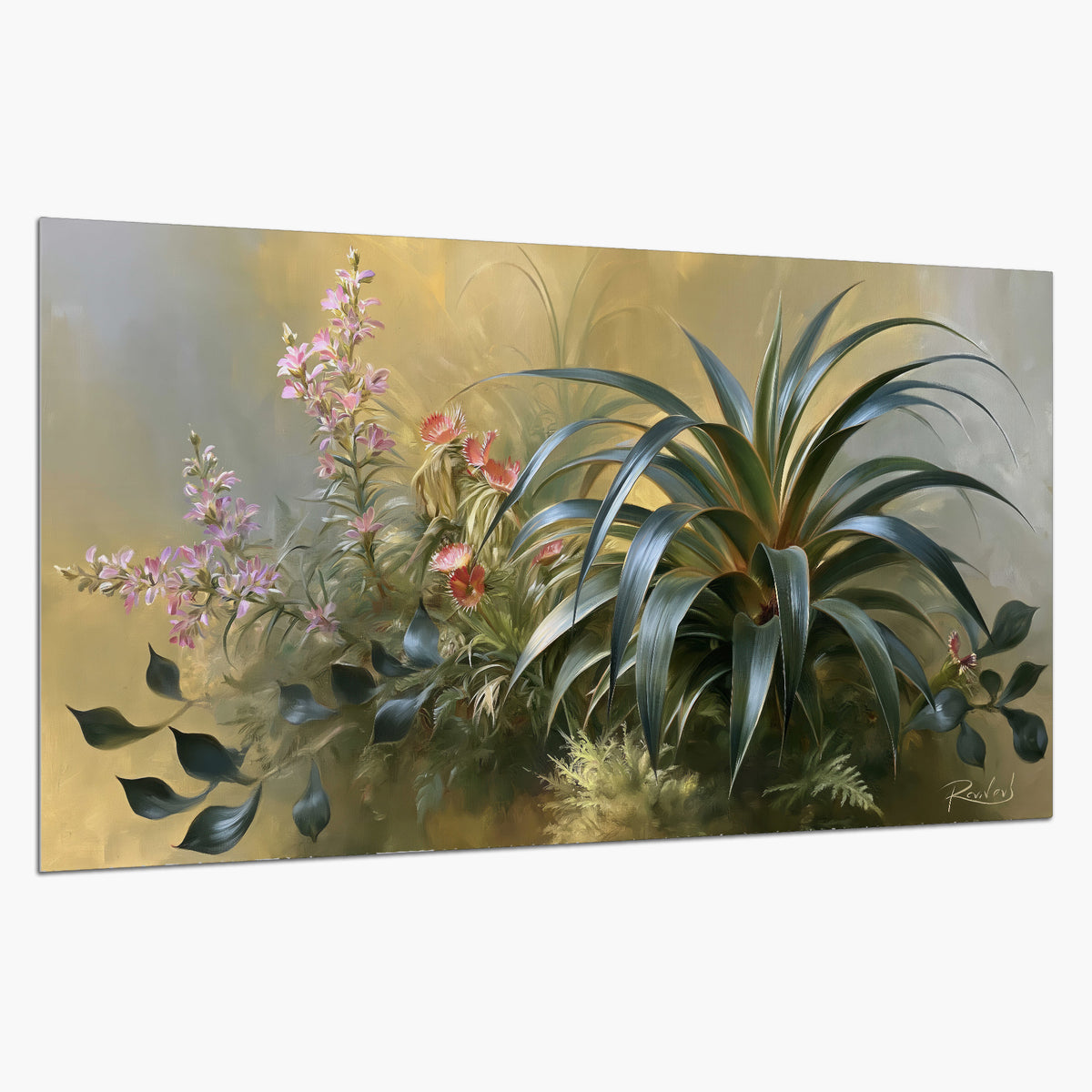 Arching green leaves beside delicate pink garden flowers in soft warm light single poster print on a white background
