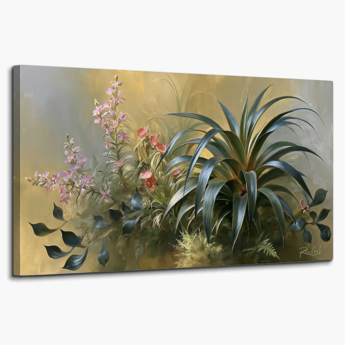 Arching green leaves beside delicate pink garden flowers in soft warm light single canvas wall art on a white background