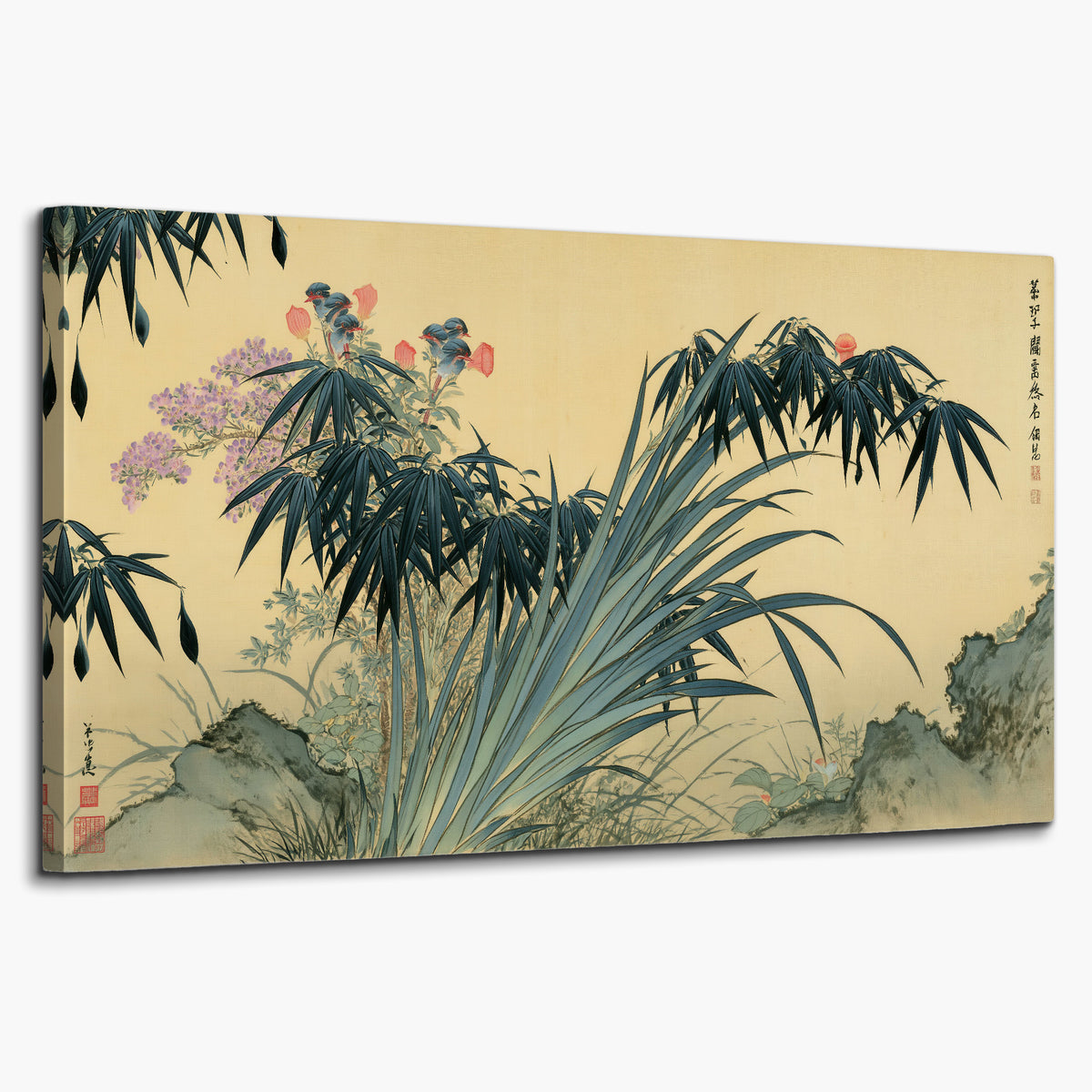 Graceful bamboo leaves and small blossoms on a warm parchment-toned background single canvas wall art on a white background