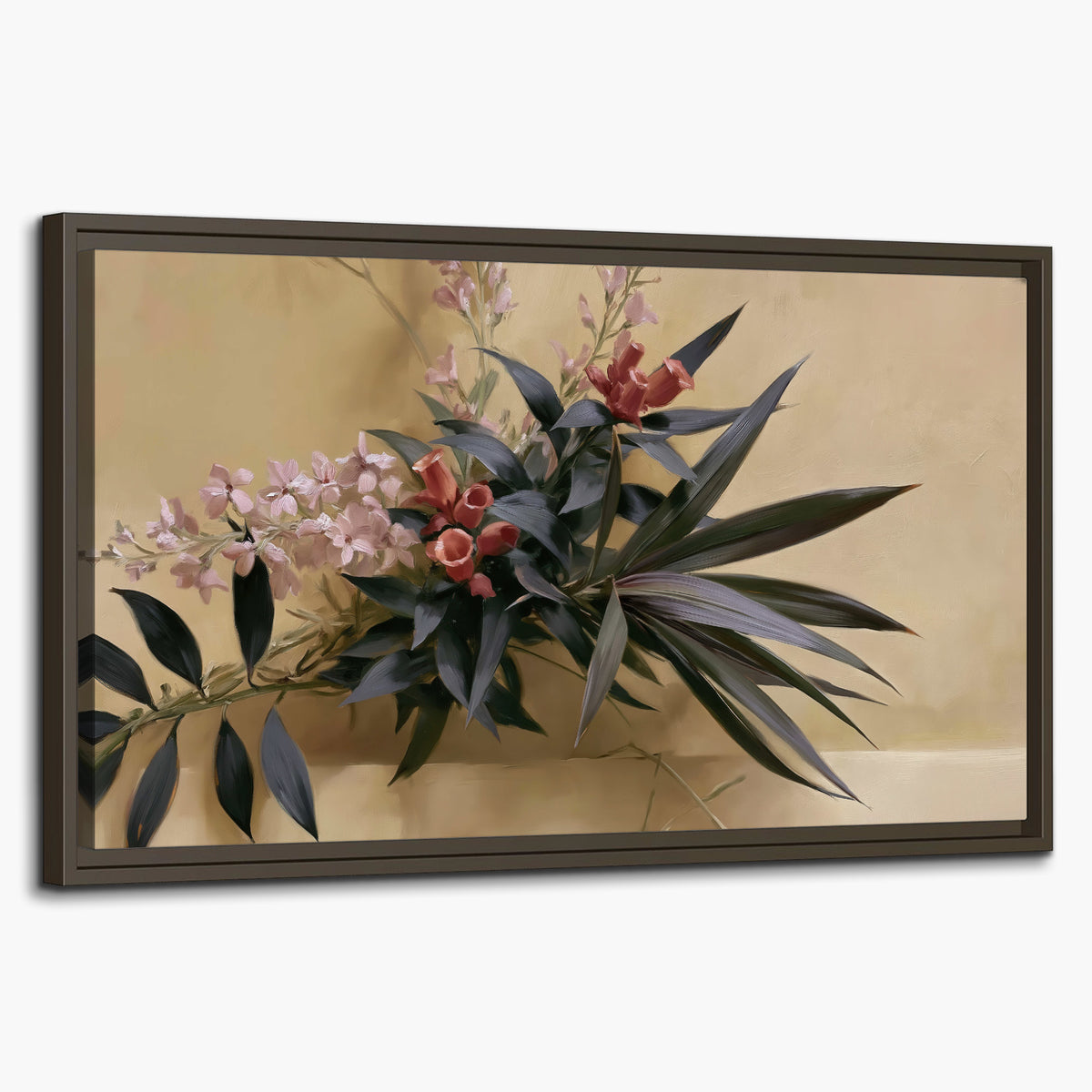 Long dark leaves and dusty pink flowers arranged against a soft beige background single framed canvas wall art on a white background