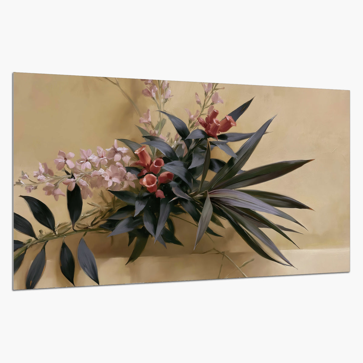 Long dark leaves and dusty pink flowers arranged against a soft beige background single poster print on a white background