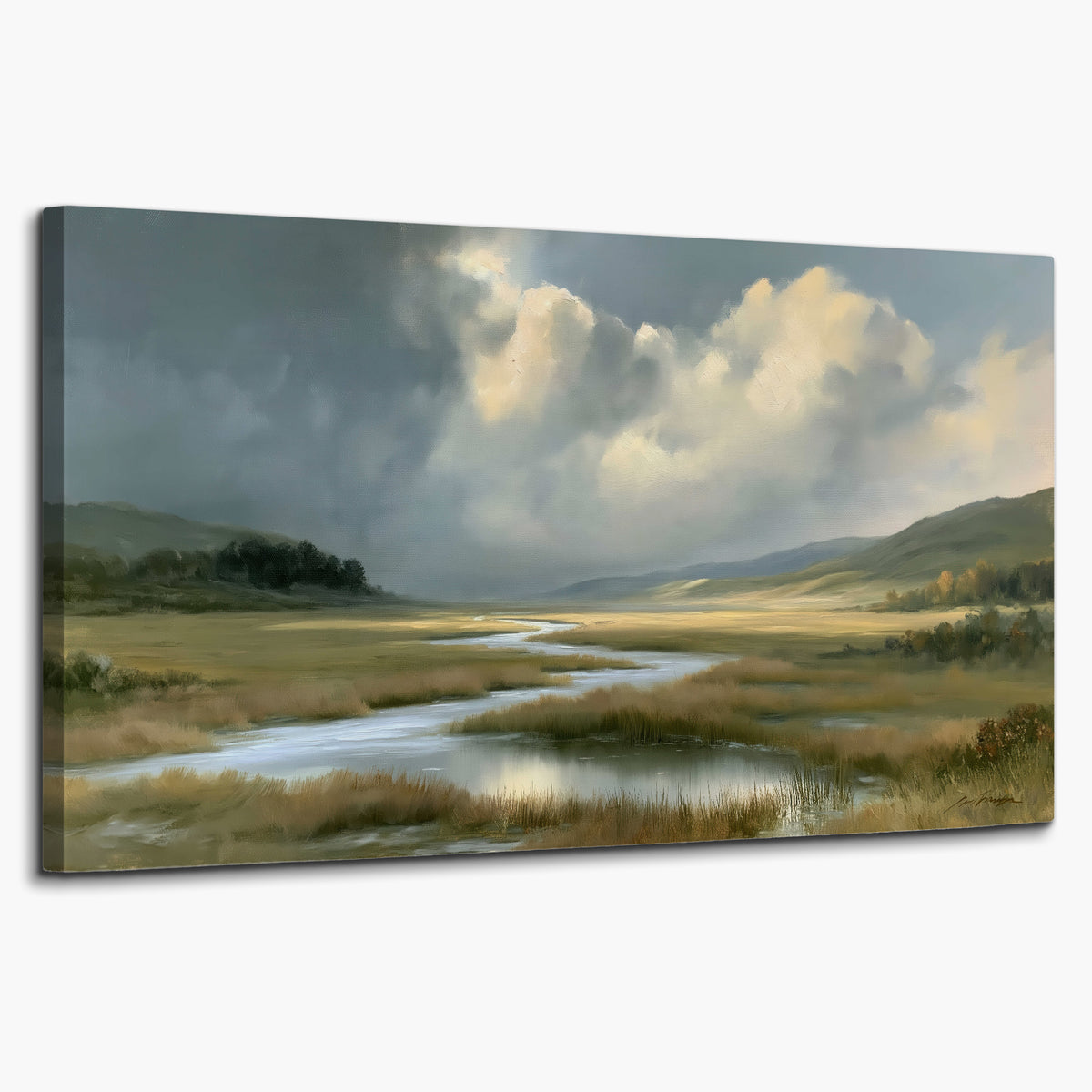 A winding stream through an open meadow beneath large sunlit clouds single canvas wall art on a white background