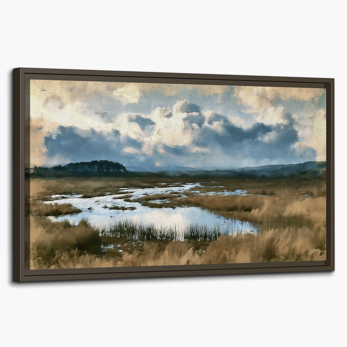 A wide open marsh with blue water and warm grasses beneath layered clouds single framed canvas wall art on a white background
