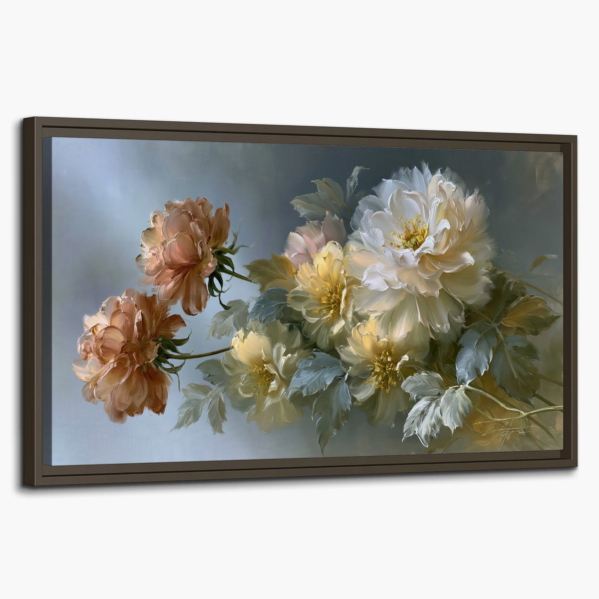 Cream, blush and rust-colored garden flowers gathered against a muted blue-gray background single framed canvas wall art on a white background