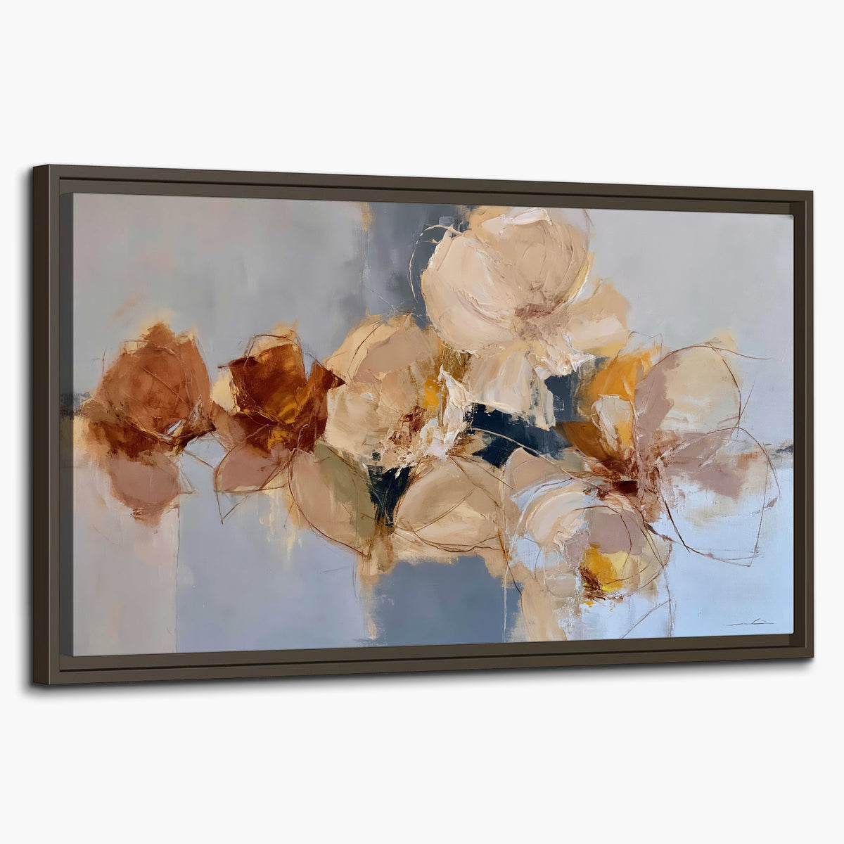 Loose ivory and ochre flower forms layered over a pale blue painterly background single framed canvas wall art on a white background