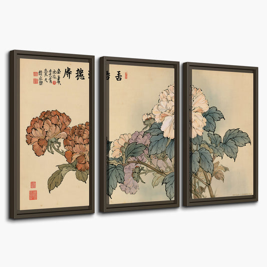 Pale pink peonies and green leaves on a warm beige background with decorative script 3 piece framed canvas wall art on a white background