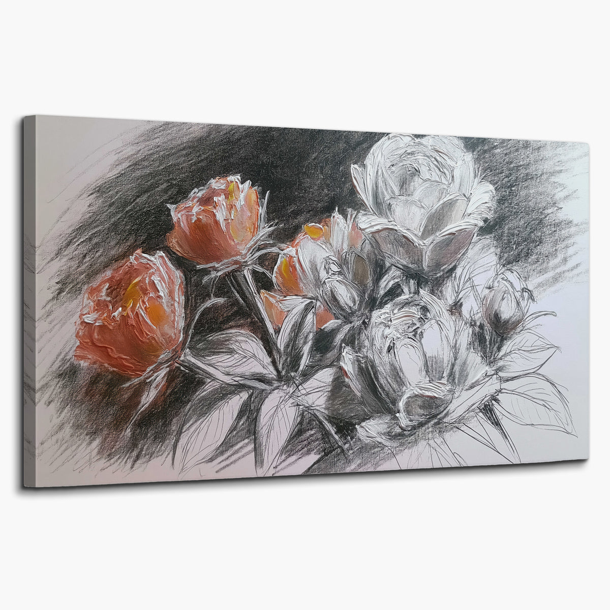 Expressive charcoal-style roses with muted rust petals against a textured-look gray background single canvas wall art on a white background