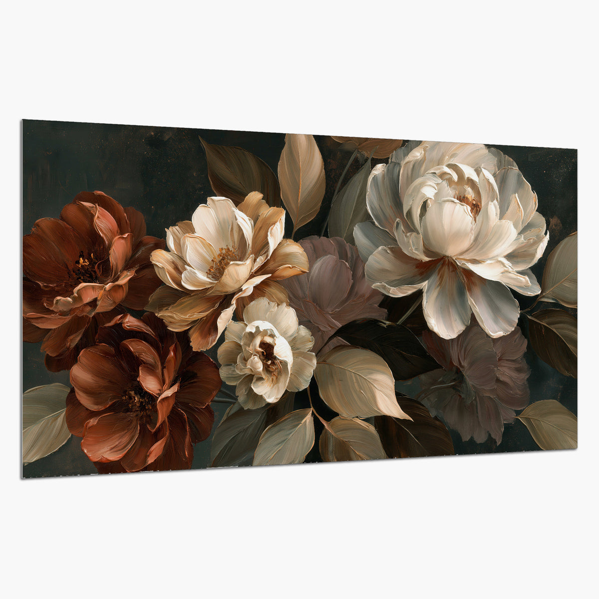 Large ivory roses and warm rust blooms against a deep shadowed background single poster print on a white background