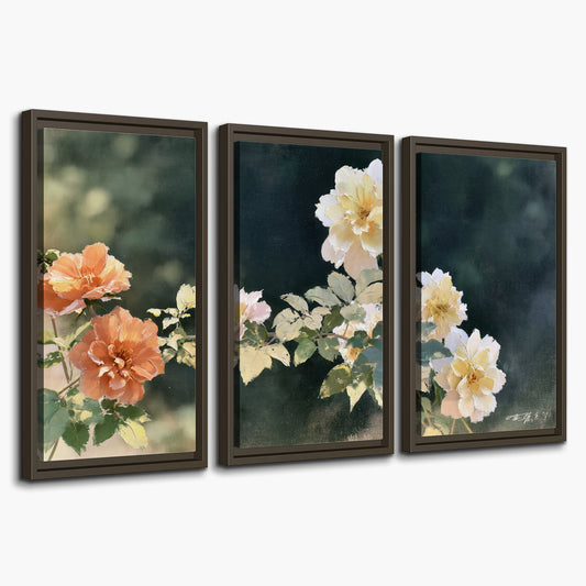 White and peach roses with green leaves against a deep blue-green background 3 piece framed canvas wall art on a white background
