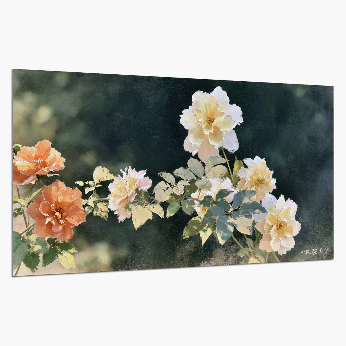 White and peach roses with green leaves against a deep blue-green background single poster print on a white background