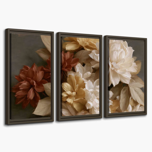 Full cream and rust-colored peonies in a softly shadowed still-life arrangement 3 piece framed canvas wall art on a white background