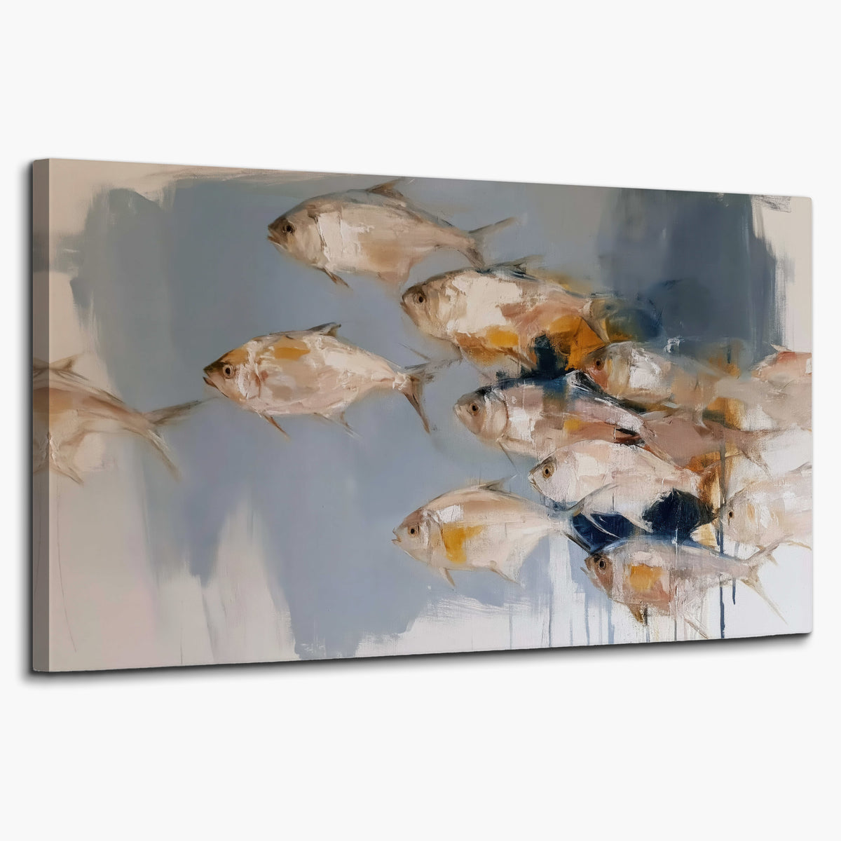 Small blue and golden fish moving across a pale layered abstract background single canvas wall art on a white background